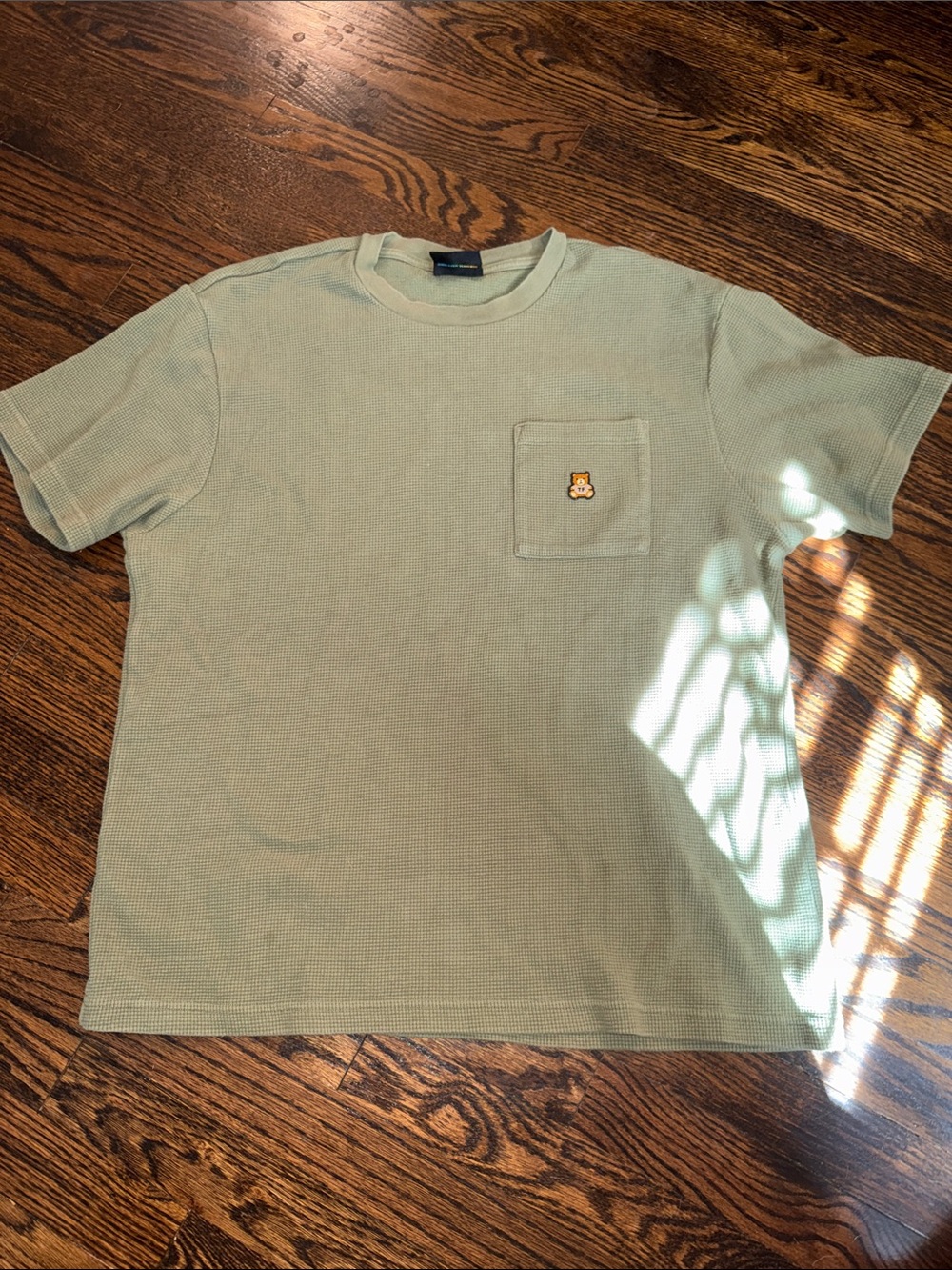 Teddy Fresh Waffle Knit Short Sleeve Pocket Tee Olive Green Bear Logo Size L